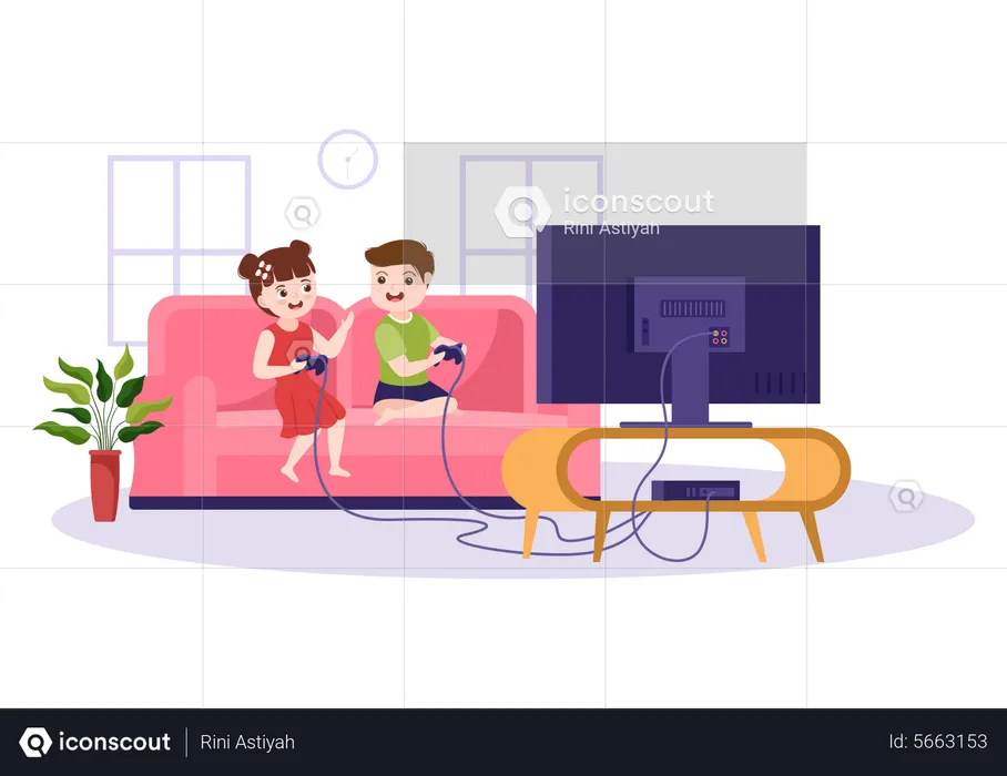 Siblings play video game at home  Illustration