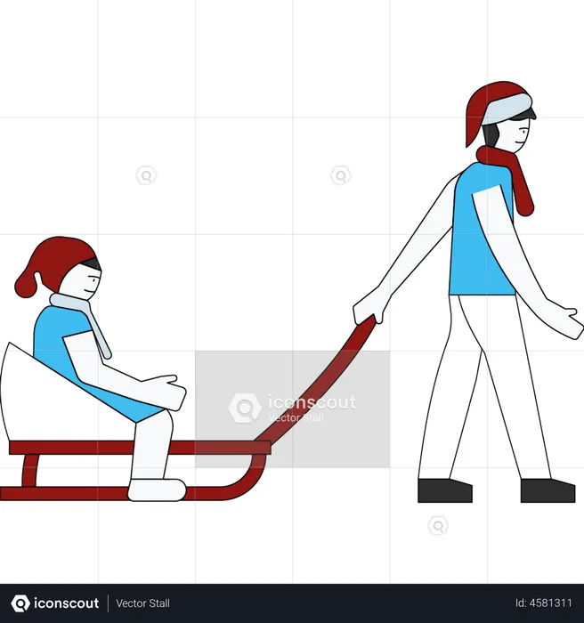 Siblings playing with Santa sledge  Illustration