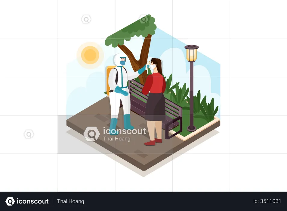 Sicherheitsbeamter überprüft Temperatur im Park  Illustration