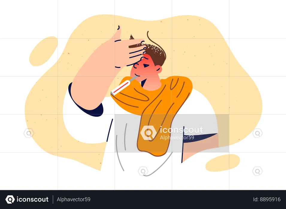 Sick boy suffers from fever and holds thermometer in mouth  Illustration