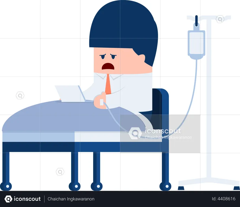 Sick businessman working hard in hospital  Illustration