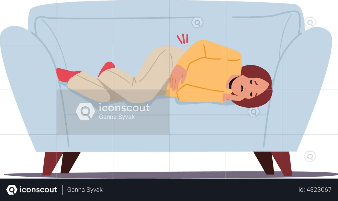 Sick Girl Lying on Sofa with Abdominal Ache  Illustration