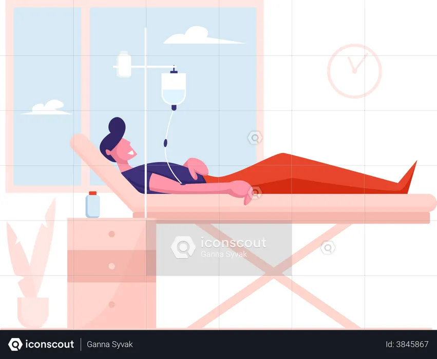 Sick Injured Patient Lying in Medical Bed with Dropper  Illustration
