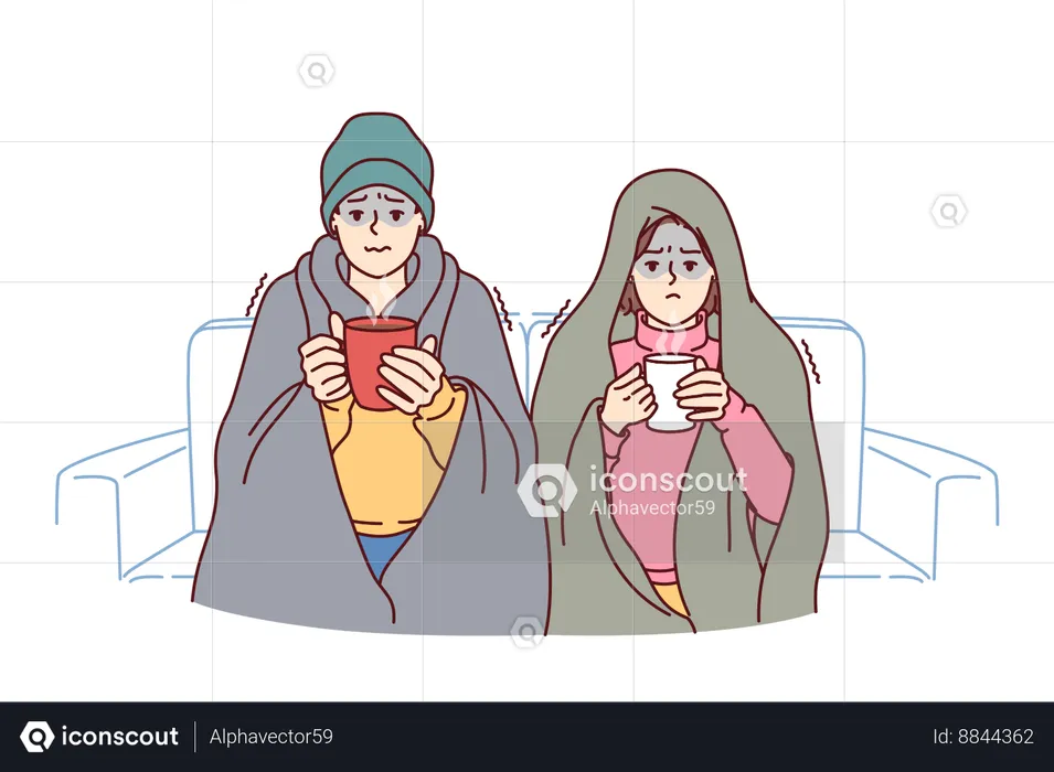 Sick man and woman are sitting on sofa  Illustration