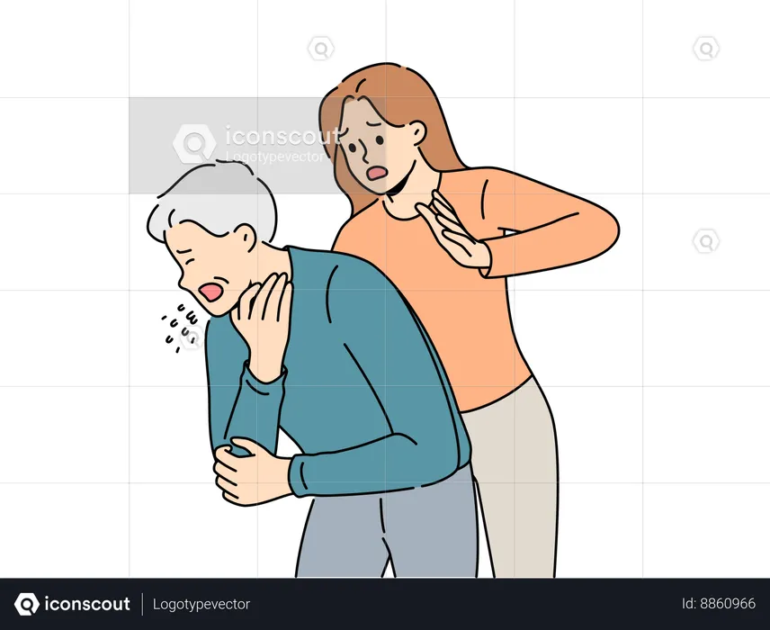 Sick Man choked on food and coughed standing near girl ready to do heimlich maneuver  Illustration