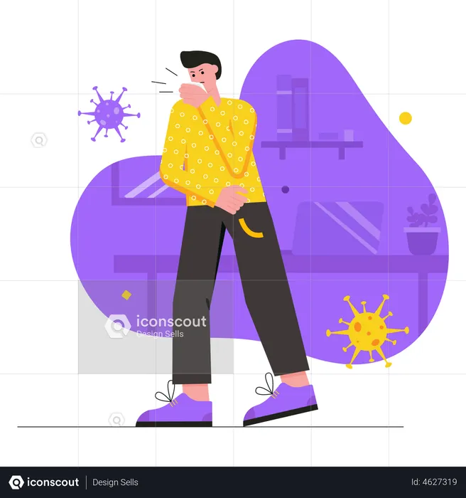 Sick man coughs into his hand  Illustration