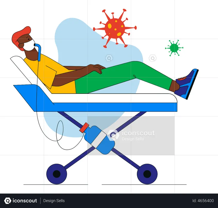 Sick man in oxygen mask is hospitalized in clinic  Illustration