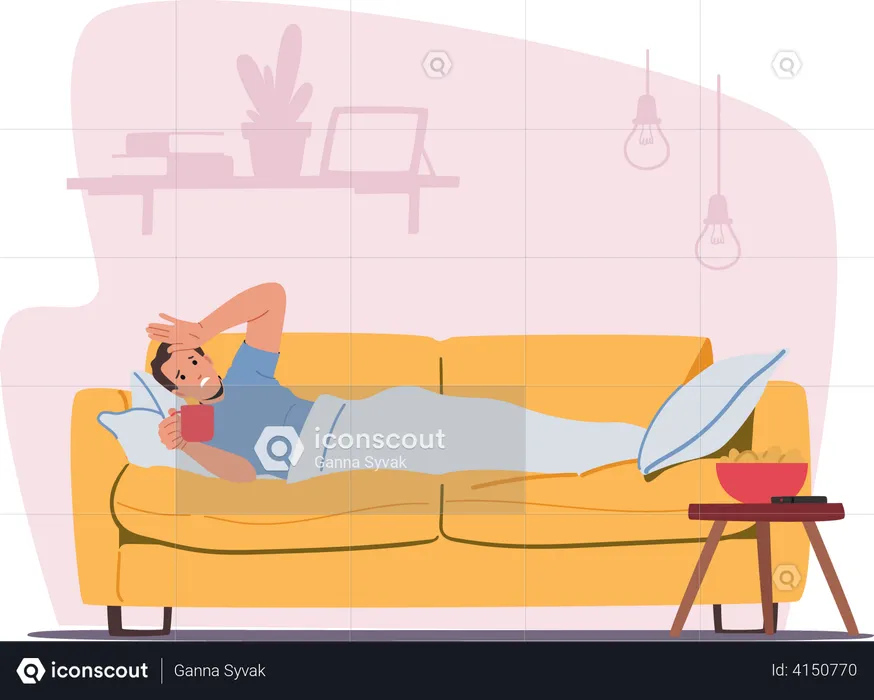 Sick man sleeping at home and having a hot beverage  Illustration