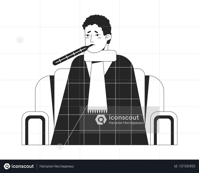 Sick man using thermometer  Illustration