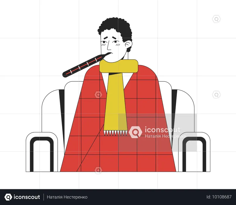 Sick man with fever using thermometer  Illustration