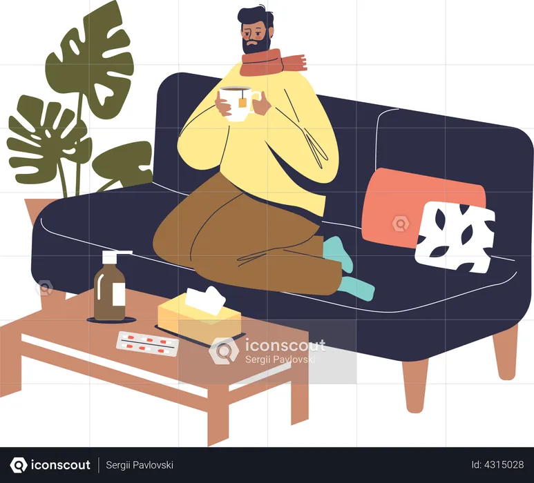 Sick man with flu at home  Illustration