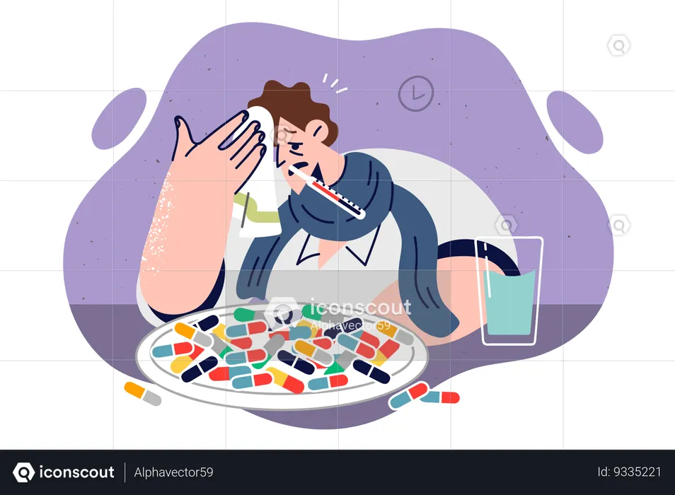 Sick man with high fever drinks lot pills  Illustration