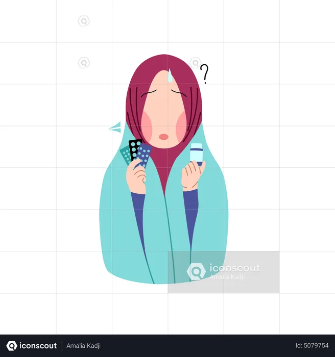 Sick muslim woman hold medicine  Illustration