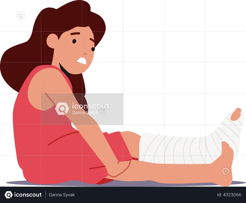 Sick Upset Girl with Broken Bandaged Leg Sit on Floor  Illustration