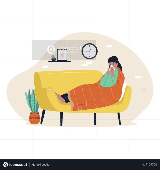 Sick woman at sofa  Illustration