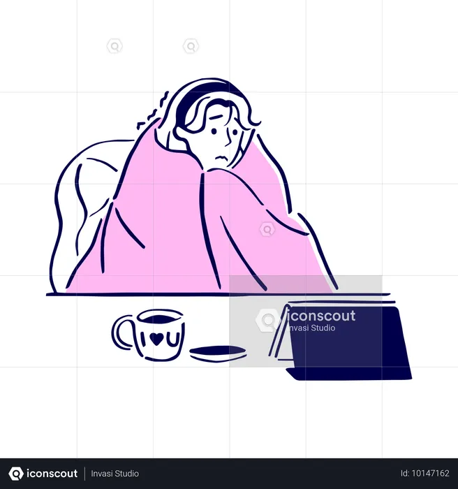 Sick woman needs coffee to overcome sickness  Illustration