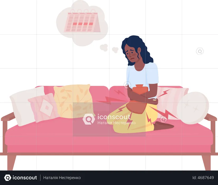 Sick woman relieving period cramps with heating pad  Illustration