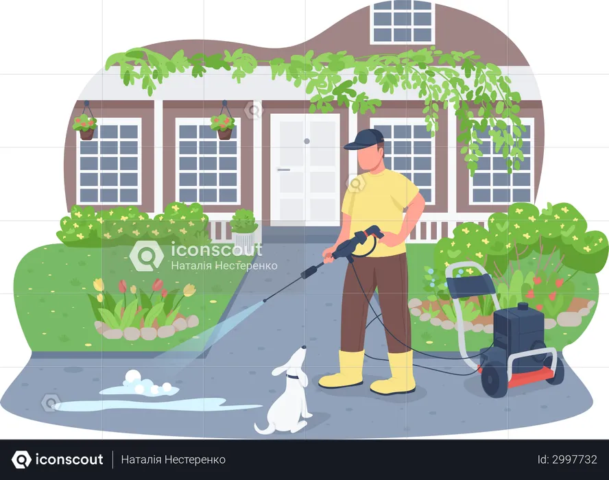 Sidewalk cleaning with power wash gun  Illustration