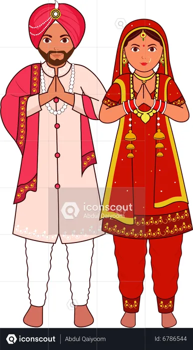 Sikh Wedding Couple Greeting Namaste  Illustration