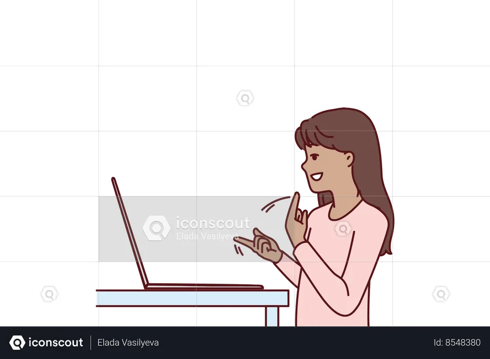 Silent teenage girl using laptop and sign language making video call to friends  Illustration