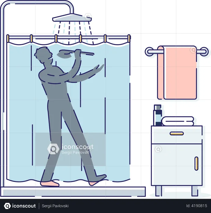 Silhouette man sing while taking shower  Illustration