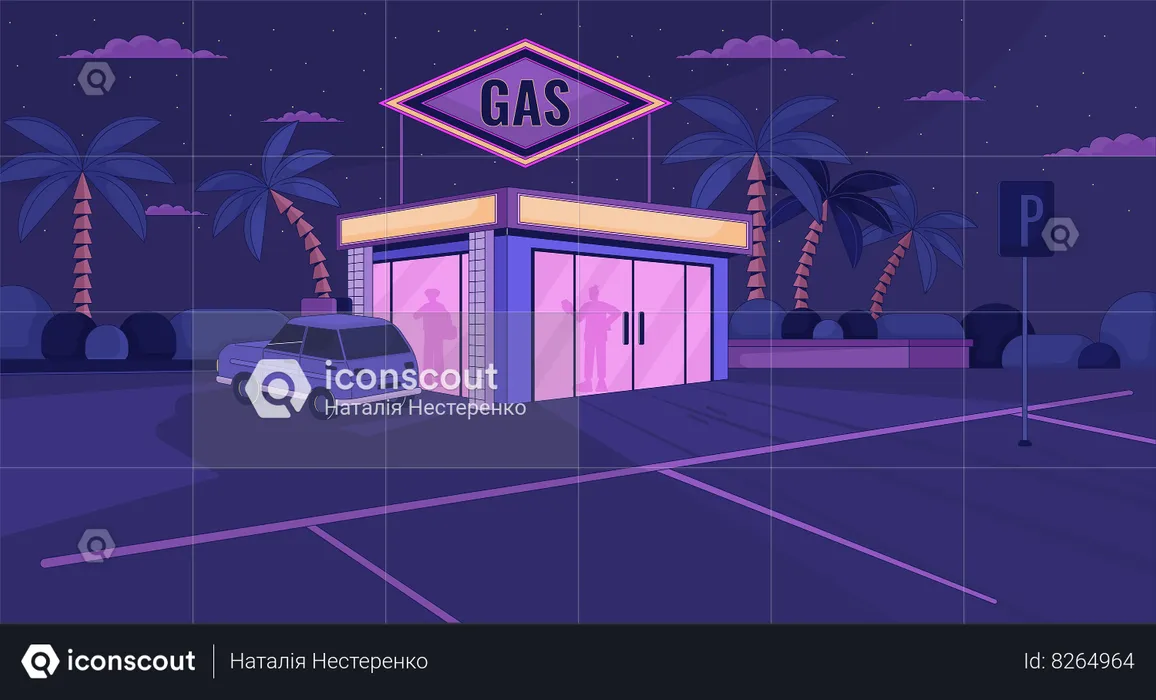 Silhouettes at gas station nighttime  Illustration