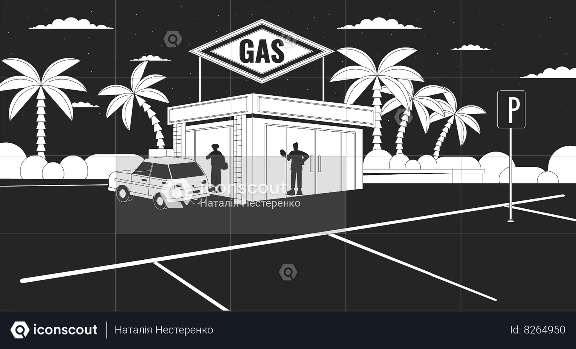 Silhouettes at gas station nighttime  Illustration