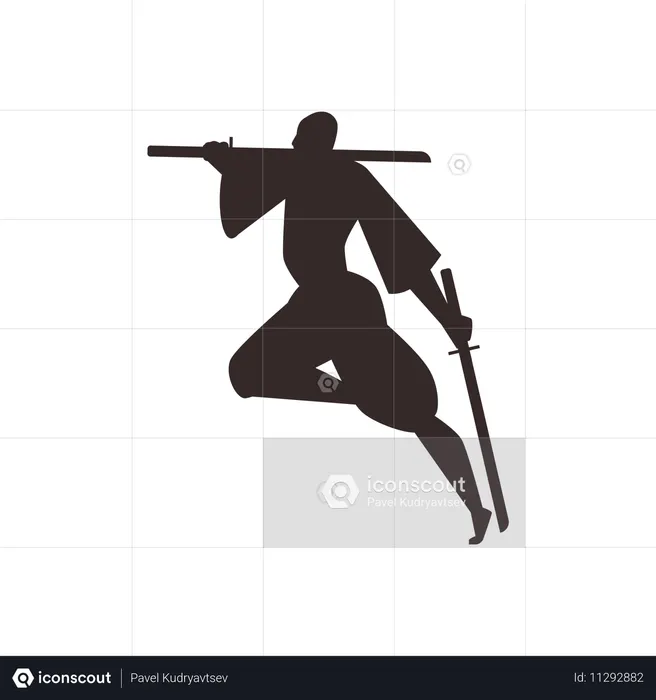 Silueta de un ninja en un salto dinámico.  Ilustración