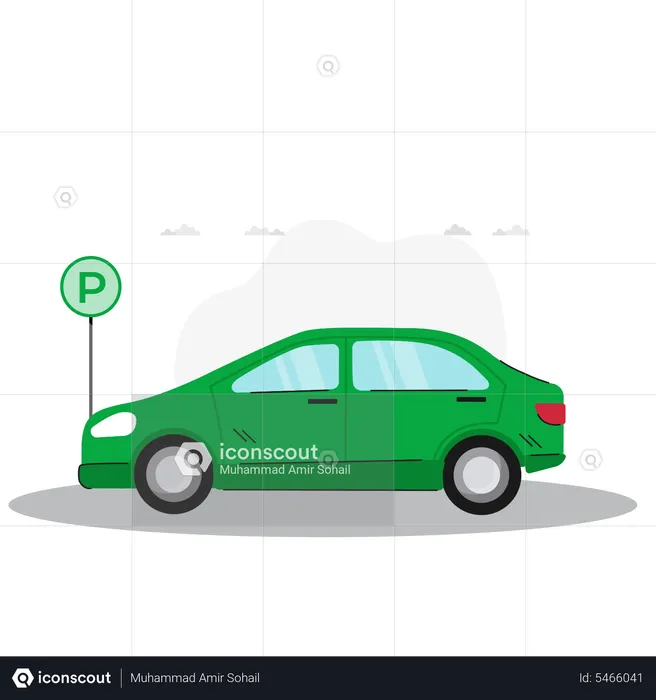 Carro estacionado perto da placa de estacionamento  Ilustração