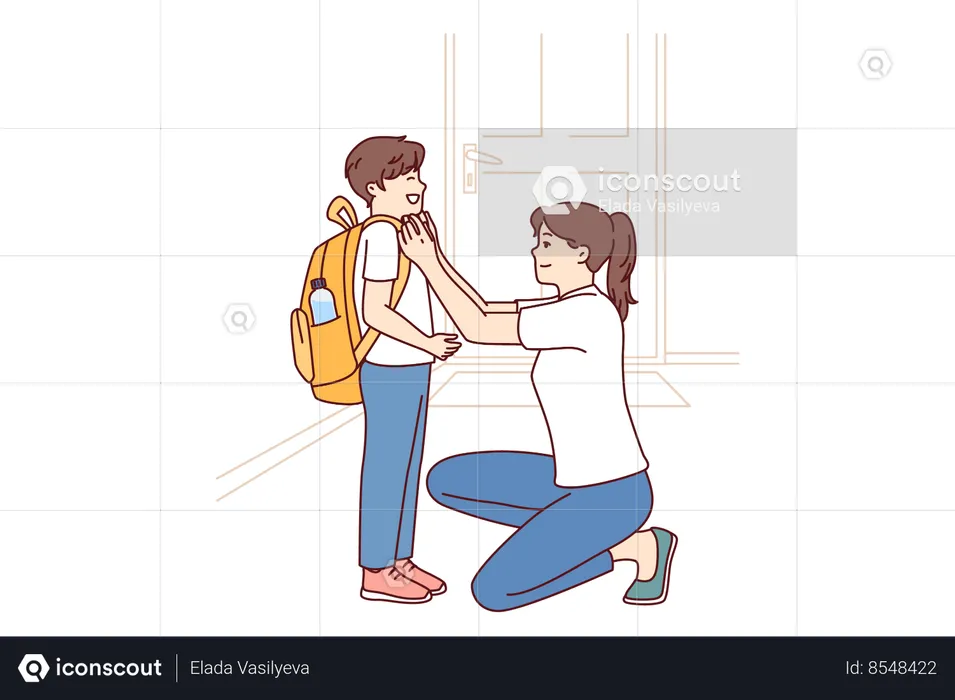 Single mother prepares young son of student in elementary school as trip to lessons  Illustration