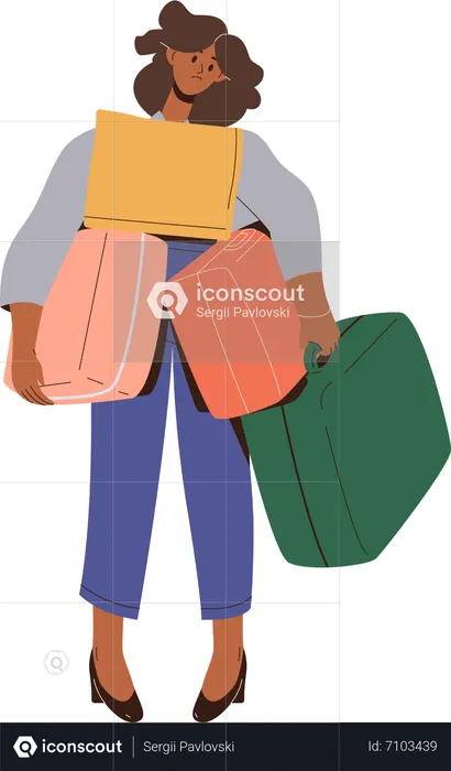 Single woman tourist holding heavy suitcases  Illustration