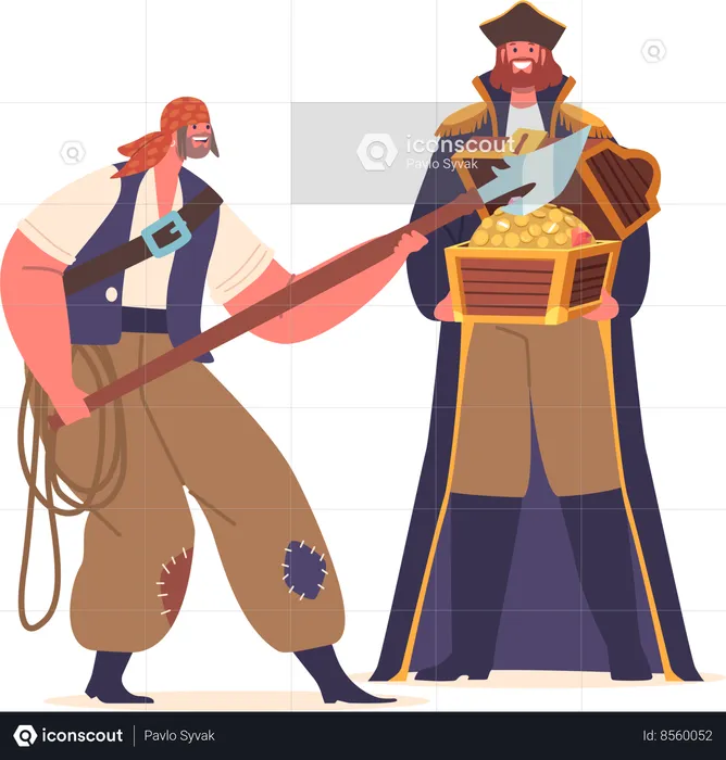 Sinister Pirate Character Brandish Harpoon Beside A Weathered Chest in Hands of Captain  Illustration