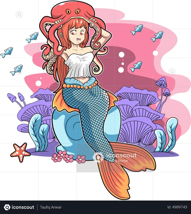 Sirène jouant avec une pieuvre  Illustration
