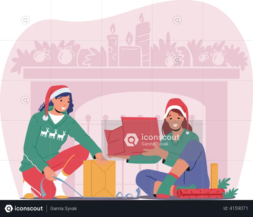 Sisters preparing gifts for christmas  Illustration