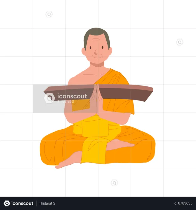 Sitting Thai Monk in Traditional Robes with fabric  Illustration