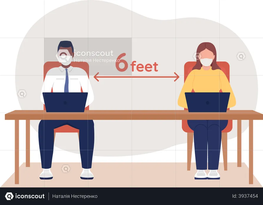 Sitzen im Büro mit sozialer Distanz  Illustration