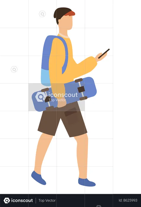 Skater going with phone and skateboard in park  Illustration
