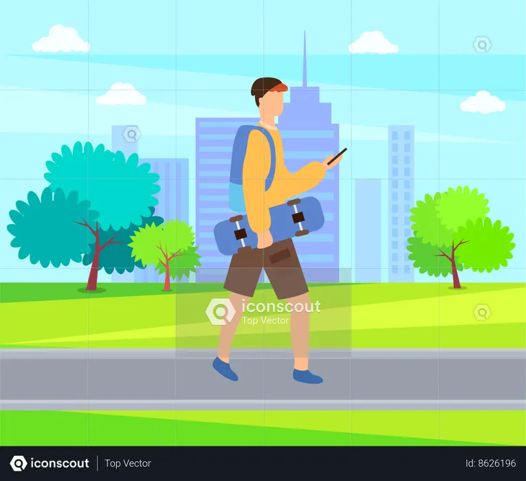 Skater going with phone and skateboard in park  Illustration