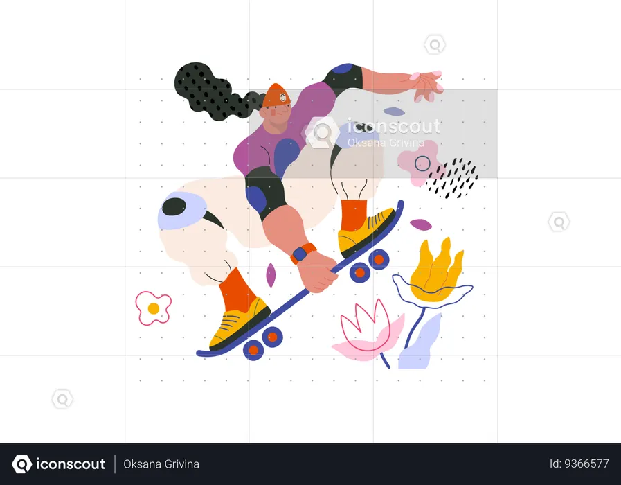 Skater jumping above flowers  Illustration