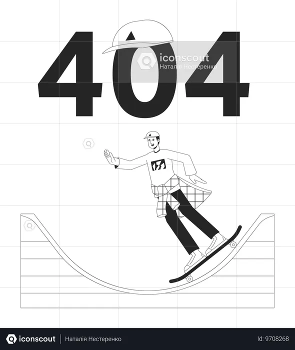 Skater rides on ramp black white error 404 flash message  Illustration