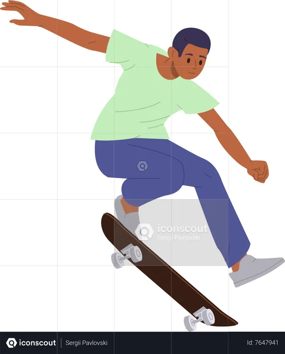 Garçon skateur équitation longboard saut cascadeur effectuant des tours  Illustration