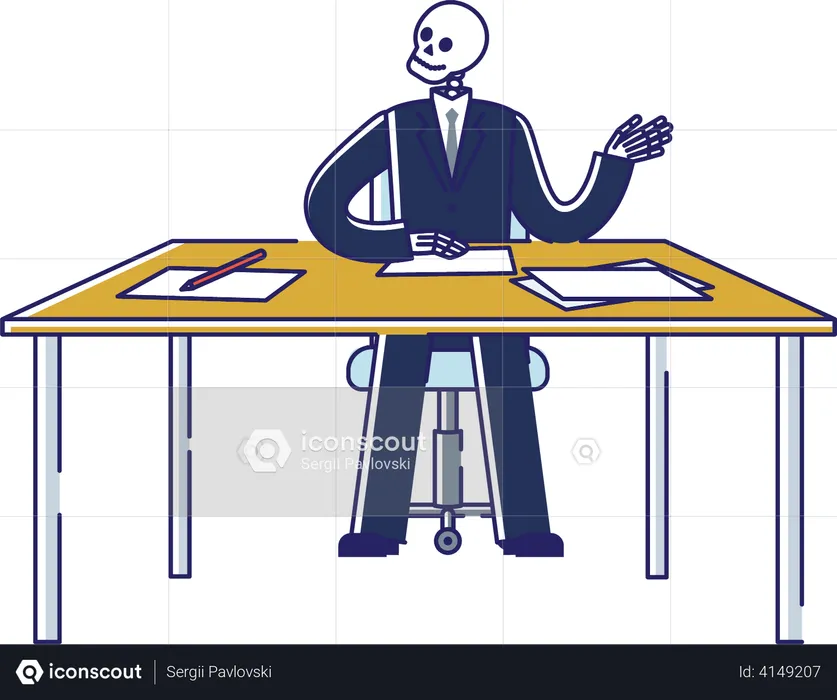 Skeleton of business man working on table  Illustration