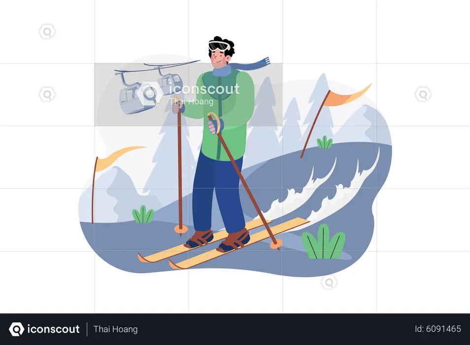 Skier man slide down a snowy mountain  Illustration