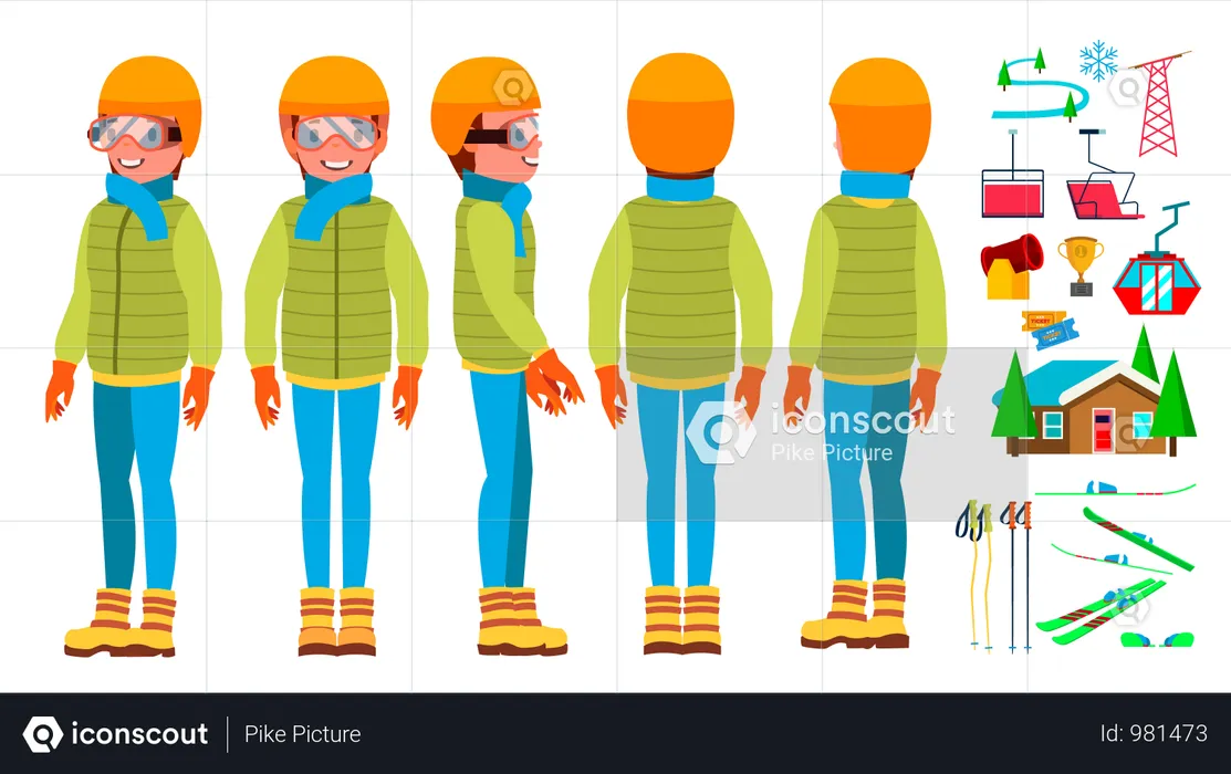 Skiing Man In Different Pose With Equipment  Illustration