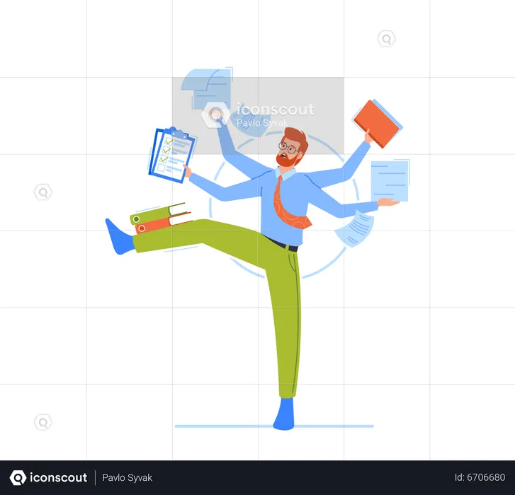 Skilful Businessman With Many Hands Juggling With Office Supplies  Illustration
