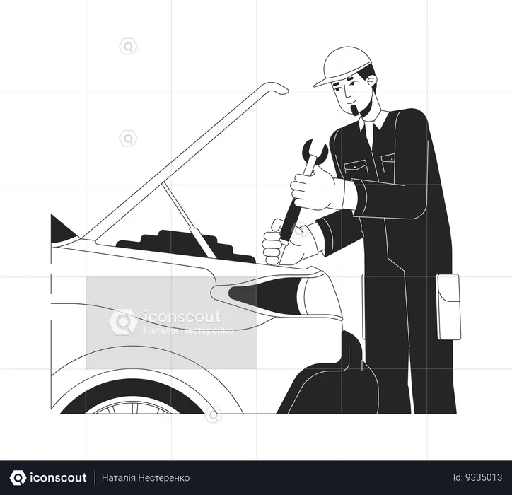 Skilled caucasian mechanic repairing car  Illustration