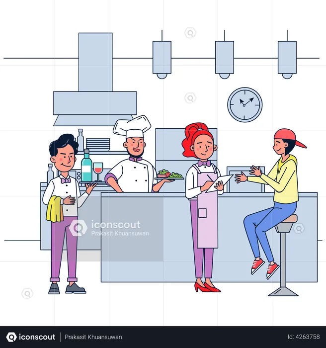 Skilled chef serving food to the customer at desk  Illustration