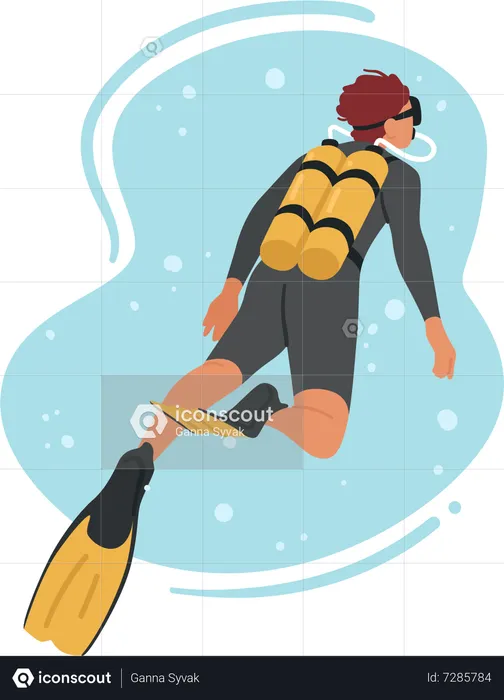 Skilled Diver Male Character Exploring Underwater  Illustration