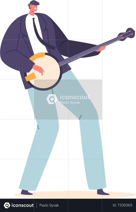 Skilled Musician Male Character Passionately Playing The Banjo  Illustration