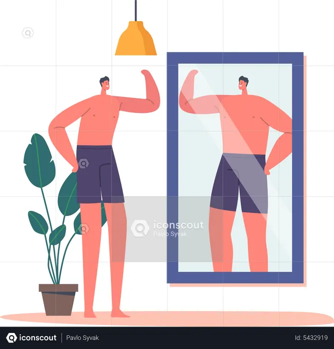 Skinny Man Look At Mirror Reflection And Dreaming To Be Strong  Illustration